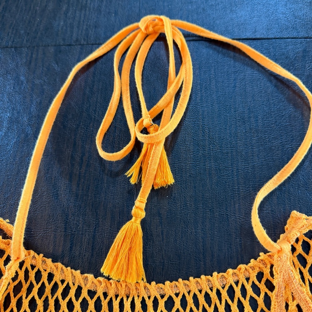 Neon Orange Fish Net Mesh Tank Top with Neck Ties - Picture 4 of 4